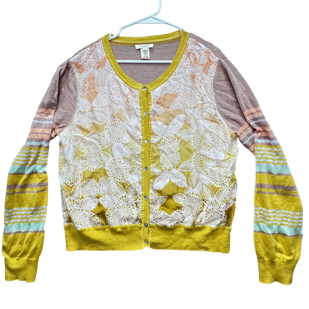 Sundance Cardigan Women Large Yellow Silk Front Linen Blend Floral Striped Boho
